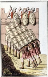Römische Soldaten (Römische Legion) manövrieren und verteidigen sich mit ihren Schilden. Gravur aus dem frühen 19. Jahrhundert.