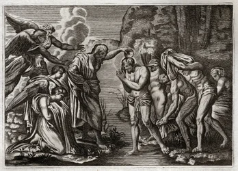 Royaumont-Bibel, Neues Testament: Taufe Jesu Christi. Johannes der Täufer tauft Jesus Christus im Jordan. Illustration von 1811.