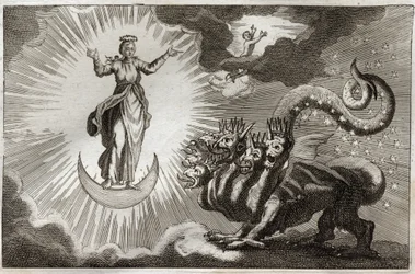 Royaumont-Bibel, Neues Testament: Tier der Offenbarung. Johannes sieht ein monströses Tier mit sieben Köpfen und zehn Hörnern und eine schwangere Frau, umgeben von Licht, unter deren Füßen der Mond ist und auf ihrem Kopf eine Krone aus zwölf Sternen. Illus