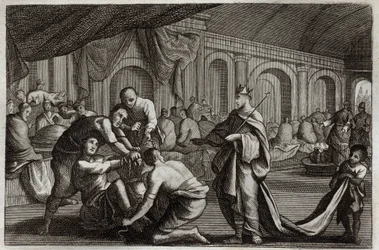 Royaumont-Bibel, Neues Testament: Hochzeitskleid. Gleichnis von einem König, der die Hochzeit seines Sohnes feierte und einen Mann, der kein Hochzeitskleid trug, hinauswarf. Illustration von 1811.