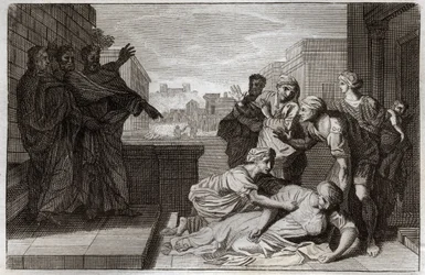 Royaumont-Bibel, Neues Testament: Tod von Ananias und seiner Frau Saphira vor St. Peter und St. John. Illustration von 1811