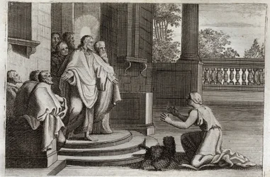 Royaumont-Bibel, Neues Testament: Jesus Christus und die Frau von Kanaan (Die Kananäerin oder die fremde Frau). Eine Bäuerin bittet den Herrn um Hilfe, um ihre Tochter zu heilen. Christus antwortete ihr: „Ich wurde nur zu den verlorenen Schafen des Hauses 