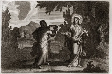 Royaumont-Bibel, Neues Testament: Jesus Christus in der Wüste. Jesus wird in die Wüste getrieben. Er fastet vierzig Tage und vierzig Nächte. Er wird vom Dämon versucht, der ihn auffordert, Steine in Brot zu verwandeln. Illustration von 1811.