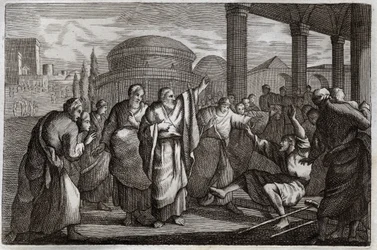 Royaumont-Bibel, Neues Testament: Heilung eines Lahmen. Der heilige Paulus heilt einen Lahmen und hält ein Volk auf, das ihn wie einen Gott opfern wollte. Illustration von 1811
