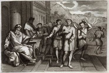 Royaumont-Bibel, Neues Testament: Gleichnis von den Arbeitern im Weinberg. Arbeiter, die der Familienvater in seinen Weinberg schickt. Illustration von 1811.