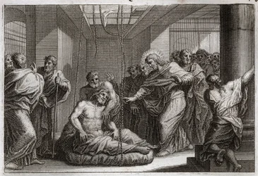 Bibel von Royaumont, Neues Testament: Der Gelähmte. Jesus Christus ruft den Heiligen Matthäus und heilt einen Gelähmten in Kafarnaum. Illustration von 1811.