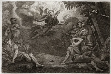 Royaumont-Bibel, Neues Testament: Hirten an der Krippe. Ein Engel verkündet den Hirten die Geburt Jesu Christi (Verkündigung an die Hirten). Illustration von 1811.