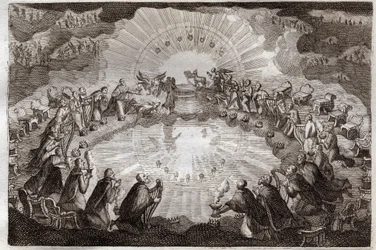 Royaumont-Bibel, Neues Testament: Sieben Siegel des Buches, geöffnet vom Lamm. Die vierundzwanzig Ältesten verneigen sich vor dem Thron, umgeben von einem Löwen, einem Ochsen, einem Menschen und einem Adler (Tetramorph) und sieben Lampen. Illustration von 