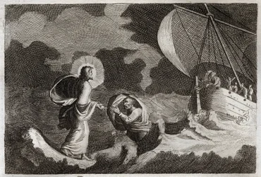 Royaumont-Bibel, Neues Testament: St. Peter geht auf dem Wasser. Jesus Christus geht auf dem Meer und lässt den heiligen Petrus darauf gehen. Illustration von 1811.