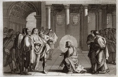 Royaumont-Bibel, Neues Testament: Die Ehebrecherin. Jesus Christus entzieht sich göttlich den Fallen, die die Juden ihm stellten, indem sie ihn fragten, was mit einer Frau geschehen solle, die beim Ehebruch ertappt wurde, und sagten: „Wer von euch ohne Sün