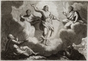 Royaumont-Bibel, Neues Testament: Die Verklärung Jesu Christi. Christus umgeben von Mose und Elia, darunter die Apostel Johannes, Petrus und Jakobus. Illustration von 1811.
