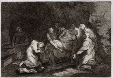 Royaumont-Bibel, Neues Testament: Grab. Grab Jesu Christi. Unter den Figuren, die den Körper Jesu Christi umgeben: die Jungfrau Maria, der heilige Nikodemus, der heilige Joseph von Arimathäa, der heilige Johannes der Evangelist und die heilige Maria Magdal