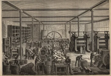 Gummi: Gummifabrik. Gravur von 1885 in „Les arts et métiers illustrés“ von Adolphe Bitard.