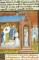 Weihe (Krönung) Karls des Großen (742 - 814) im Jahr 800 durch Papst Leo III. - Buchmalerei aus einem mittelalterlichen Manuskript (Ref. 512, 089v). Genehmigung bei der Stadtbibliothek Toulouse einholen (Tel.: 05 62 27 66 66)
