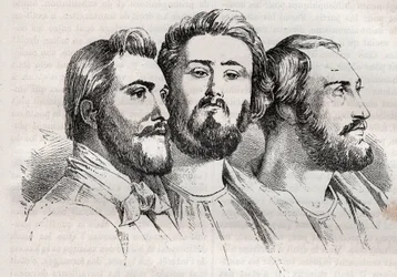 Saint-Simonismus - Charles Duveyrier (1803-1866) - Emile Barrault (1799-1869) - Michel Chevalier (1806-1879) - Gravur von 1882 in „Histoire de dix ans: 1830-1840“ von Louis-Blanc (1811-1882)