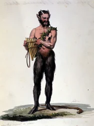 Satyr und Musik. 19. Jahrhundert Gravur.