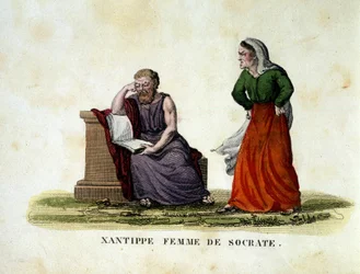 Häuslicher Streit zwischen Sokrates und seiner Frau Xantippe (Xanthippe)