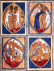 Szenen aus der Bibel in Mandorlen dargestellt. Oben Adam und Eva pflücken die verbotene Frucht, dann die Vertreibung aus dem Paradies. Unten Adam bearbeitet die Erde und Eva spinnt Wolle, Kain und Abel. Miniatur aus einem Manuskript des 13. Jahrhunderts. P