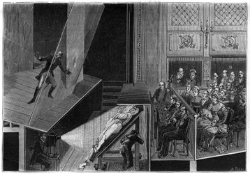 Wissenschaftliche Shows: lebende Spektren. Querschnitt des Raumes, der das Gerät der Erfahrung mit einem Komiker zeigt, der gegen einen Geist kämpft. Gravur in „La Nature“