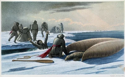 Robbenjagd: „Robbenjagd im Golf“ - in „Exploration of the Labrador Peninsula“ von Hind, London