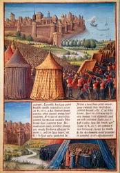Zweiter Kreuzzug: Ansicht der Belagerung von Askalon im Jahr 1153 durch Balduin III. (1131-1162). Miniatur aus „Les passages faits Outremer par les Français contre les Turks et autres Sarrazins et Moures Outremarine“ von Sébastien Mamerot