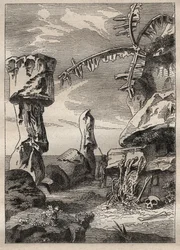 Zweite Reise (1772-1775) von Kapitän James Cook (1728-1779): Monumente der Osterinsel (monumentale Statuen, Moai) - Illustration aus „Die großen Seefahrer des 18. Jahrhunderts“