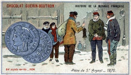 Serie Histoire de la Monnaie Française, veröffentlicht von Chocolat Guérin Boutron. Chromolithographie des 19. Jahrhunderts. 5-Franc-Silbermünze im Jahr 1870
