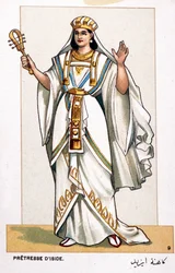 Serie von Chromolithografien von Opernkostümen anlässlich der ersten Aufführung von Aida von Giuseppe Verdi: die Priesterin von Iside. 1872