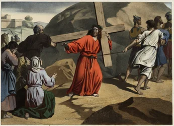 Sie stieg nach Golgatha: Jesus trägt sein Kreuz und tröstet die Töchter Jerusalems. Anonyme Gravur aus der Mitte des 19. Jahrhunderts.