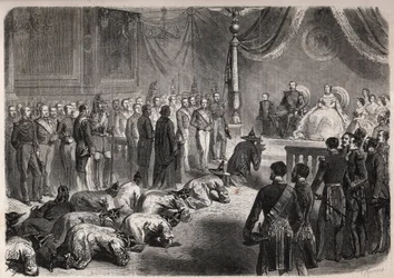Die siamesischen Botschafter kriechen bei einer feierlichen Audienz in Fontainebleau vor der französischen kaiserlichen Familie in Anwesenheit von Napoleon III. (1808-1873), Eugenie (Eugenia de Montijo)