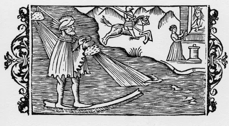 Zauberer überquert das Meer mittels eines Zaubers - in „Historia de Gentibus Septentrionalibus“ von Olaus Magnus, Rom 1555
