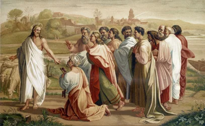St. Peters Mission: Jesus vertraut Petrus seine Herde im Beisein der anderen Apostel an - nach einem Gemälde des 16. Jahrhunderts