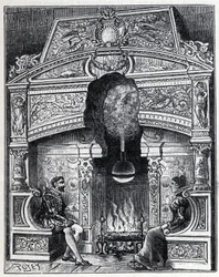 Dampf und Sonnenwärme: Eolipyl-Kamin, Dampf- und Reaktionsmaschinensystem ursprünglich entworfen von Heron von Alexandria (80 v. Chr.). Gravur in „La Nature“
