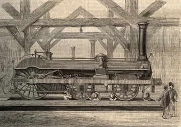 Dampflokomotivmodell, Crampton-System benannt nach Thomas Russell Crampton (1816-1888). Gravur von 1856.