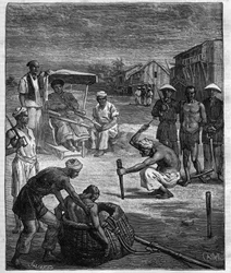 Hinrichtung von zwei Piraten in Tonkin - Der Tonkin-Pirat - Illustration für den Roman von Pierre Mael (Charles Causse und Charles Vincent) Gravur in „journal des voyages“ 1884