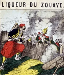 Etikett „Liqueur du Zouave“: ein Zouave kämpft gegen Feinde. 19. Jahrhundert