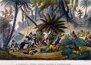 Einnahme der Schlucht bei Reuvres am 23.02.1802. Die Leclerc-Expedition, die die Truppen von François Dominique Toussaint, bekannt als „Toussaint-Louverture“, umzingelt.