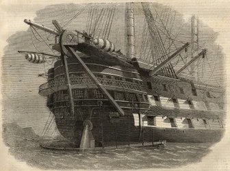 Telegrafie: Ansicht des Hecks des Schiffes H.M.S. „Agamemnon“, das das erste transatlantische Kabel verlegen wird. Gravur in „The Illustrated London News“ vom 5. Juni.