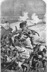 Der 75-jährige Veteran John Talot führte eine Expedition von 3000 Mann an, die am 17. Oktober 1452 in Guyenne landete. Gravur, die Talbots Tod in der Schlacht darstellt. Gravur des 19. Jahrhunderts