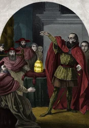 Der Gegenpapst Johannes XXIII. (Antipapa Giovanni 23) (1410-1415) (Baldassarre Cossa) wurde 1410 vom Konzil von Pisa zum souveränen Papst ausgerufen. Gravur von 1842 in „Histoire des popes“ von Maurice Lachatre. Private Sammlung.