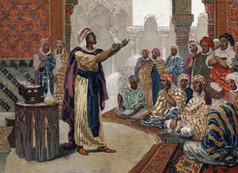 Der arabische Alchemist Geber (Jâbir ibn Hayyan) (ca. 721-ca. 815), ätzt Chemie. Barcelona 1881