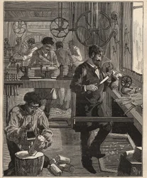 Die Kunst des Drehens: Drechslerwerkstatt auf Holz. Gravur von 1885 in „Les arts et métiers illustrés“ von Adolphe Bitard.