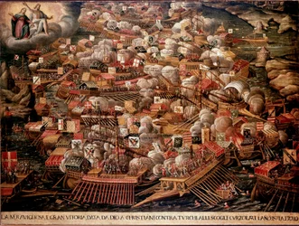 Die Schlacht von Lepanto vor der Küste Griechenlands, 1571