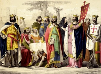 Die Kapetinger von 987 bis 1137. Hugues Capet, Robert I., Constance, Philippe I., Ludwig VI. und Ludwig VII. Gravur des 19. Jahrhunderts.