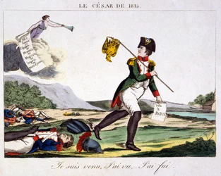 Der Cäsar von 1815 - Ich kam, ich sah ... ich lief davon. Karikatur über Napoleon I., der vom Schlachtfeld flieht, auf dem die toten französischen Soldaten verstreut liegen. Stich 1815 - Napoleon Bonaparte (15. August 1769 - 5. Mai 1821) war ein