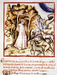 Die Göttliche Komödie von Dante Alighieri. Miniatur, die Dante, Virgil und die drei Bestien darstellt. Manuskript aus dem 14. Jahrhundert. Municipal Bibl. von Rimini