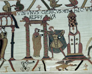 Der Herzog der Normandie, Wilhelm der Eroberer, verspricht seine Tochter Aelfgyve Harold zur Ehe. Detail des Teppichs von Bayeux