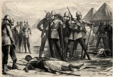 Der Kaiser (Negus) von Äthiopien Theodoros II. starb am 13. April 1868 nach der Eroberung von Magdala durch die Engländer, wohin sich der Negus zurückgezogen hatte. Gravur in „L