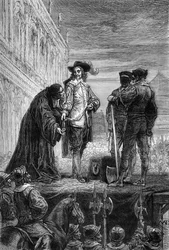 Die Hinrichtung von König Karl I. - Hinrichtung von König Karl I. Stuart von England (1600-1649) in Whitehall - Der König gibt dem Bischof seine Halskette mit den Worten „Erinnere dich“ - Gravur in „The History of England, from the Most Retarse Times“