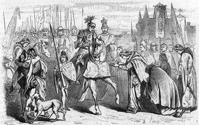 Die Franzosen zogen am 23. Juni 1451 unter Karl VII. nach Bordeaux, das Ende der Rückeroberung gegen die Engländer. Gravur des 19. Jahrhunderts